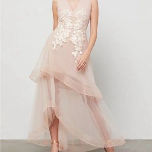 BCBG Max Azria Floral Sheer Embroidered Appliquéd Asymmetrical Gown Nude Pink